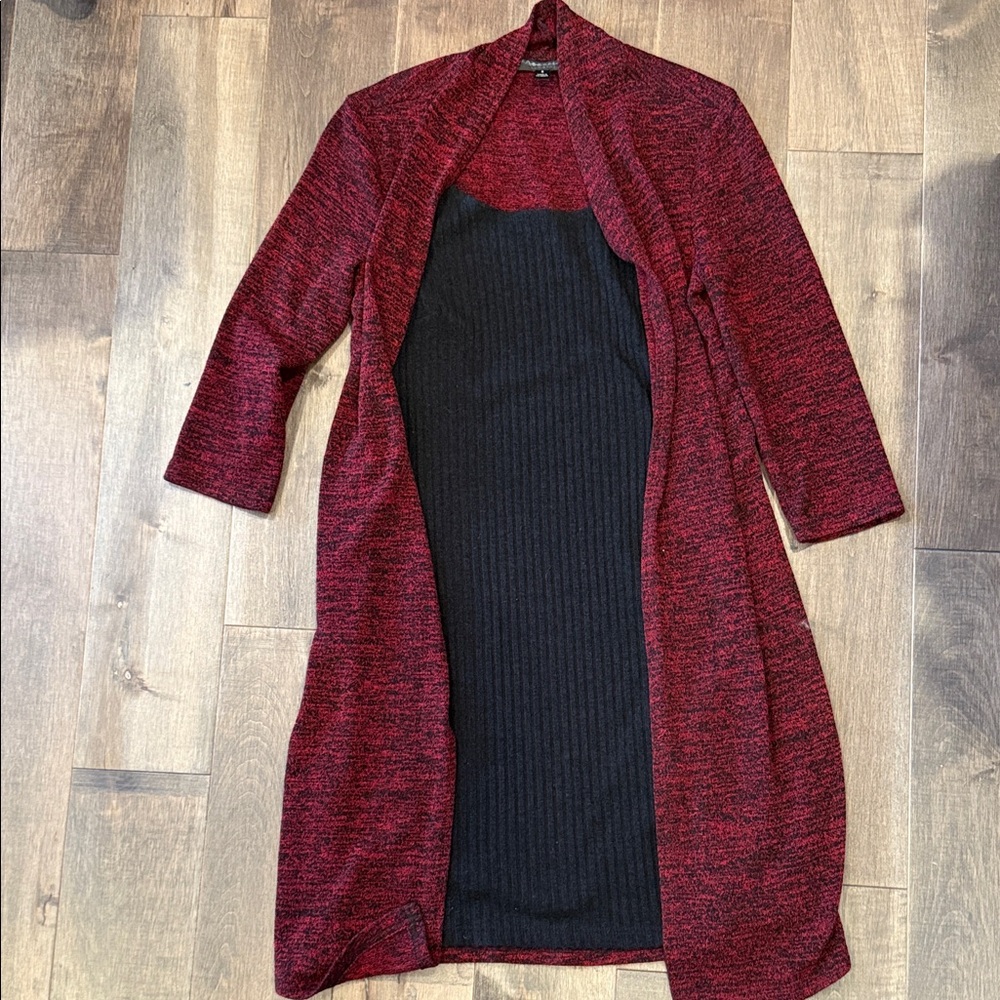 Red and Black Open Front Cardigan with attached dress.